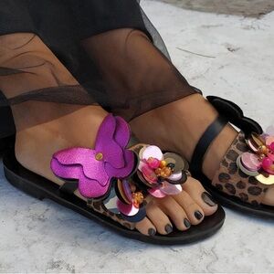 Made In Greece Elegant Black Leather and Metallic Pink Floral Beaded Sandals